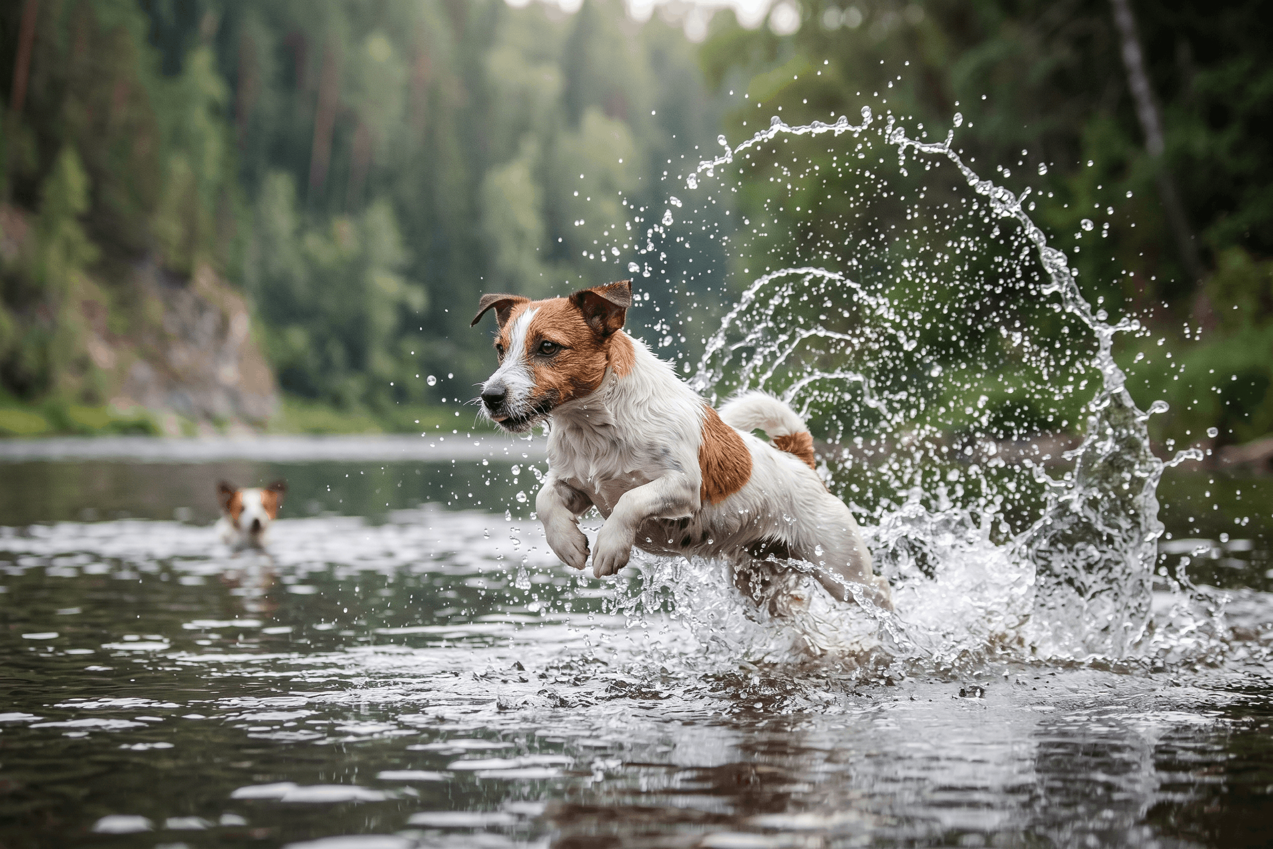 Zwei Hunde schwimmen im Waldsee bei Fürstenberg/Havel