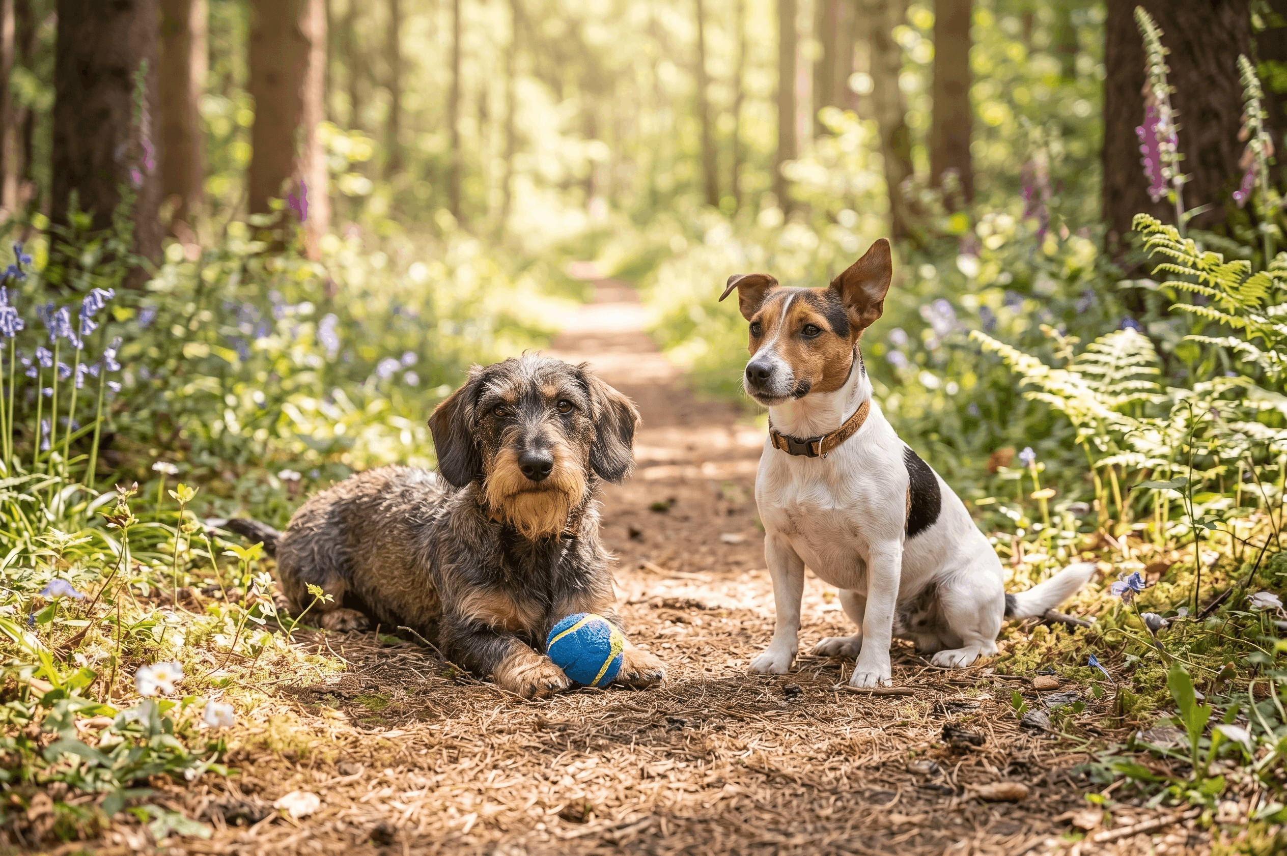 Zwei Hunde spazieren auf einem Waldweg bei Fürstenberg/Havel